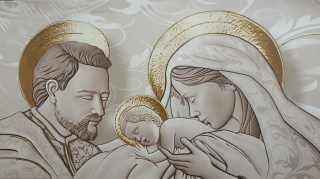 Nowoczesny obraz Świętej Rodziny beż z połyskującym złotem