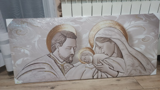 Nowoczesny obraz Świętej Rodziny beż z połyskującym złotem
