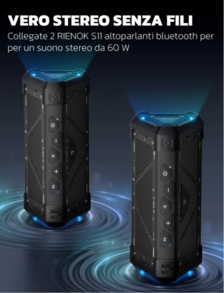 Wodoodporny przenośny głośnik RIENOK Bluetooth, USB, czarny, mocna bateria