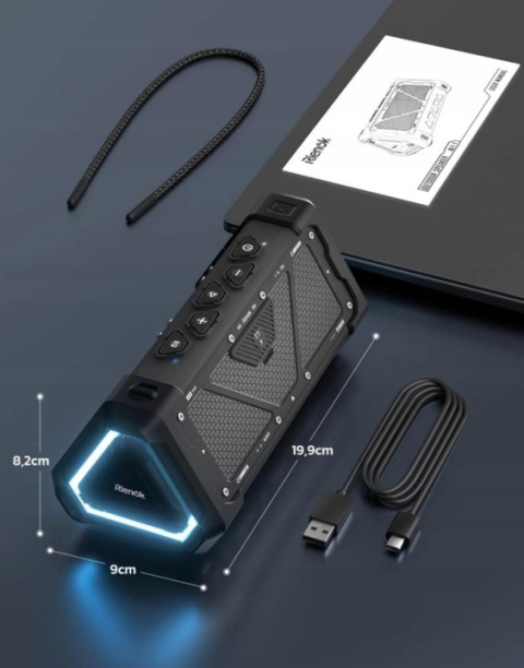 Wodoodporny przenośny głośnik RIENOK Bluetooth, USB, czarny, mocna bateria Wodoodporny przenośny głośnik RIENOK Bluetooth, USB, czarny, mocna bateria