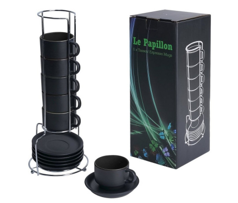 Zestaw Filiżanek do Espresso 5 x 75 ml Czarne Papillon + spodki pod filiżanki 5 szt niepełny komplet