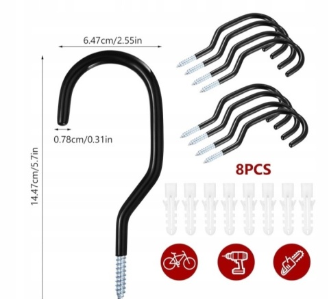 8szt. HACZYKI GARAŻOWE ROWEROWE HAKI UCHWYTY ŚCIENNE DO WARSZTATU NA ŚCIANĘ