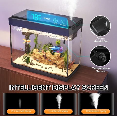 Akwarium 9L Kompletny Zestaw + Nawilżacz Powietrza | Filtr 3w1 | LED 7 Kolorów | Szkło UHD HD300