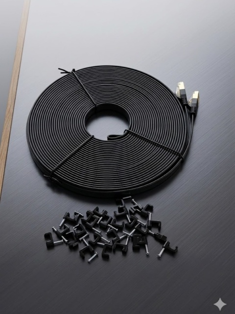 PŁASKI KABEL INTERNET LAN CAT7 – ZESTAW 10M + UCHWYTY