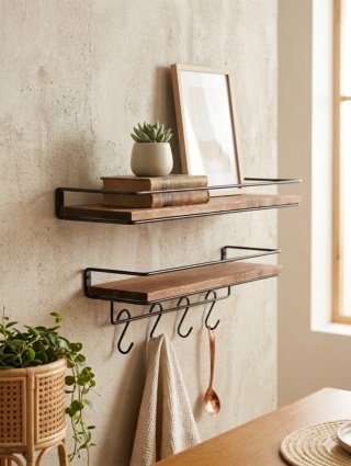 Półka ścienna Zestaw Półek Ściennych Loft – Drewno & Metal (2 sztuki + Wieszak) 40 x 15 cm