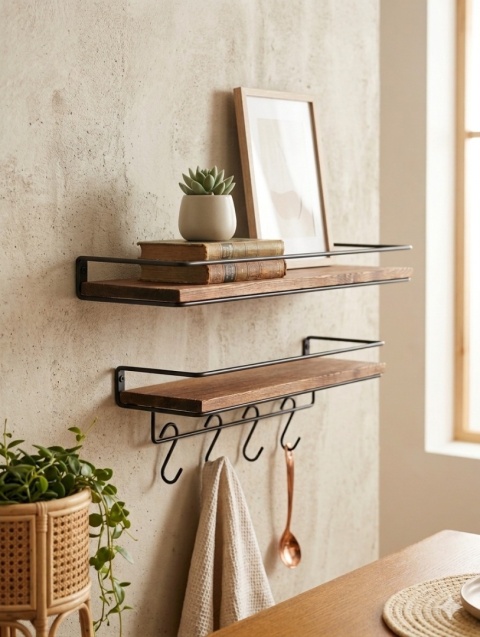 Półka ścienna Zestaw Półek Ściennych Loft – Drewno & Metal (2 sztuki + Wieszak) 40 x 15 cm