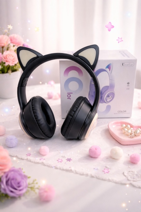 Słuchawki Dziecięce BT LED QearFun Kot 3.5mm Mikrofon czarne PREZENT