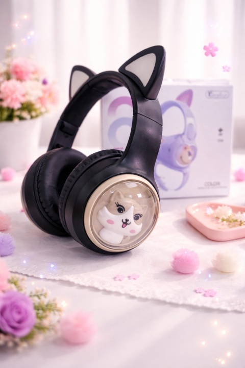 Słuchawki Dziecięce BT LED QearFun Kot 3.5mm Mikrofon czarne PREZENT