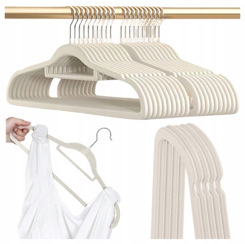 WIESZAKI WELUROWE NA UBRANIA odzieżowe do szafy AKSAMIT PREMIUM 50 szt. BEŻ