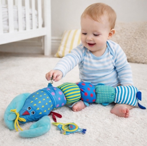 Zabawka sensoryczna dla dzieci, pluszowa, antystresowa, grająca, kolorowy krab