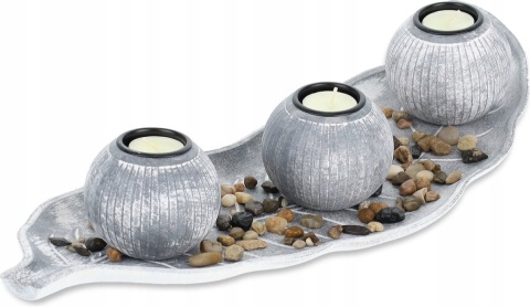 Zestaw Świeczników na Tealighty – Dekoracyjna Taca 50 cm Liść + kamienie ozdobne