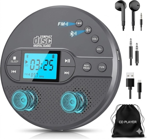Greadio Discman 2025 CD Bluetooth FM 2000mAh MP3 USB AUX