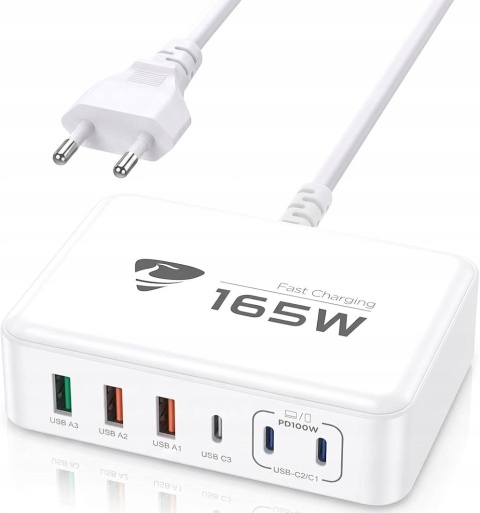 Ładowarka, stacja ładująca USB C 165W 6-Portów GaN PD 100W Szybka do MacBoo