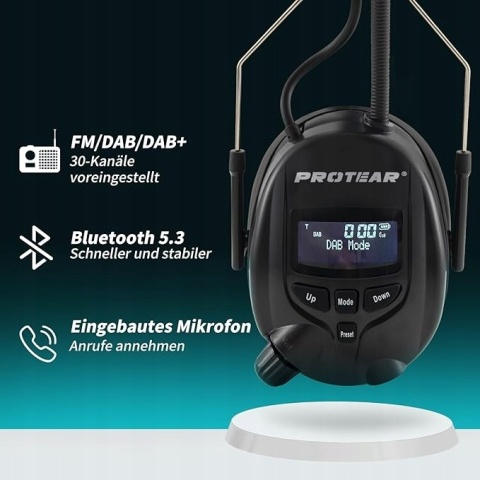 PROTEAR Słuchawki Ochronne Bluetooth 5.3 Radio DAB+/FM SNR 30 dB