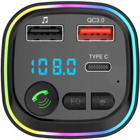 Transmiter samochodowy P4 FM Bluetooth QC3.0 USB-C Micro SD RGB