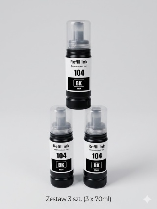 3 szt Tusz do Drukarek EcoTank – Zamiennik 104 (Black / Czarny) 3 x 70 ml