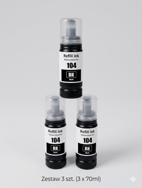 3 szt Tusz do Drukarek EcoTank – Zamiennik 104 (Black / Czarny) 3 x 70 ml