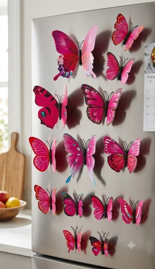 12 x MOTYLE 3D Naklejki MAGNESY na lodówkę motylki JASNY RÓŻ 12 szt