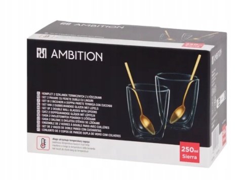 AMBITION SZKLANKI DO HERBATY KAWY NAPOJÓW 250ml 2szt + ŁYŻECZKI