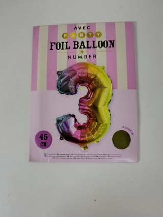 Balon foliowy cyfra 3 kolorowy urodziny, rocznica 45 cm