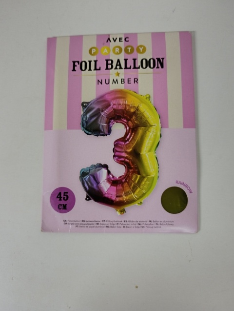 Balon foliowy cyfra 3 kolorowy urodziny, rocznica 45 cm