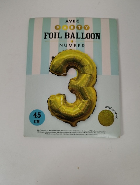 Balon foliowy cyfra 3 kolorowy urodziny, rocznica 45 cm