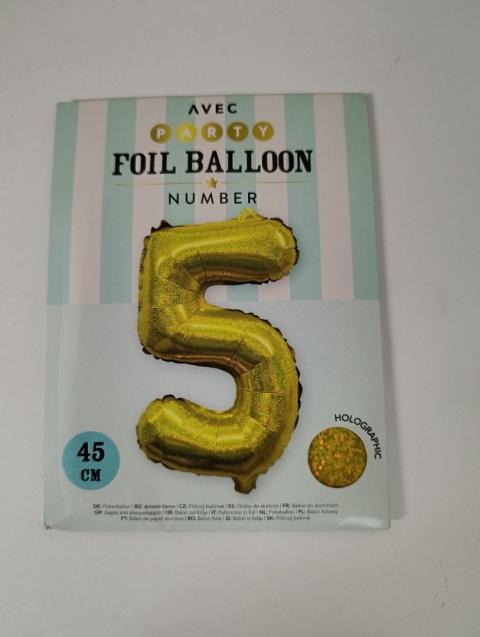 Balon foliowy cyfra 5 kolorowy urodziny, rocznica 45 cm