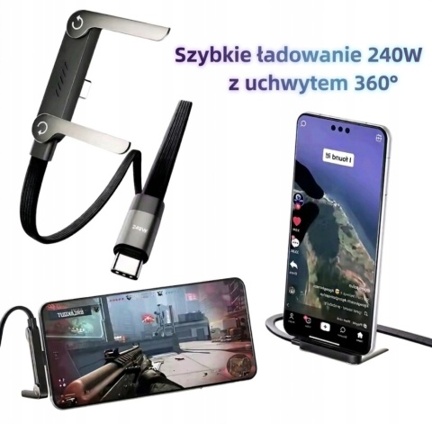 Kabel USB-C 240W Stojak Kątowy Podstawka na telefon Szybkie ładowanie 1.5m