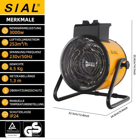 Termowentylator budowkany Sial Elektryczna dmuchawa grzewcza z 2 stopniami 3 kW 3000W