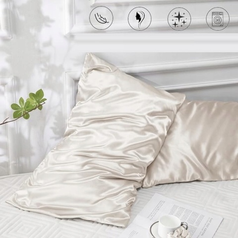 Vielit 2 Satynowe poszewki na poduszki 40x80 cm BEŻ + 2 x gumki do włosów