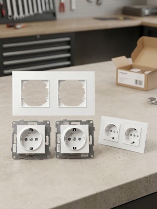 Zestaw gniazd elektrycznych z podwójną ramką – nowoczesny design