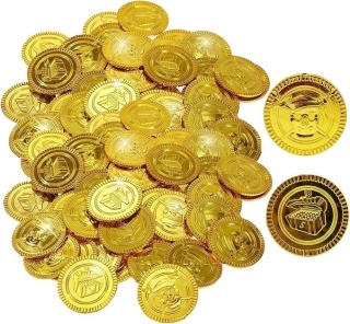 50 sztuk złotych monet, skarb piracki, złote monety plastikowe
