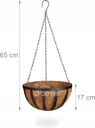 Wiszący kwietnik, 3 kosze, kokos, pojemność z łańcuszkiem, średnica 30 cm