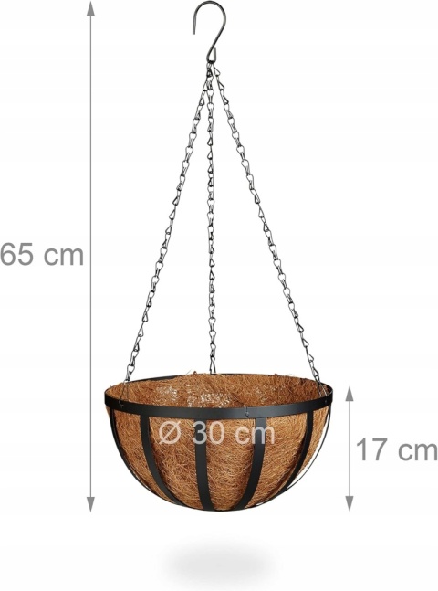 Wiszący kwietnik, 3 kosze, kokos, pojemność z łańcuszkiem, średnica 30 cm