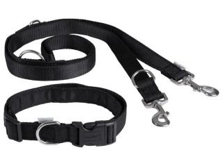 ZOOFARI Obroża z klamrą + Smycz regulowana rozmiar M - CZARNA 43-72 CM