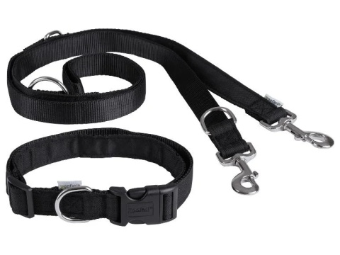 ZOOFARI Obroża z klamrą + Smycz regulowana rozmiar M - CZARNA 43-72 CM