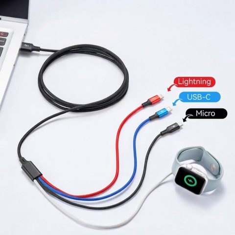 KABEL 4w1 MULTIŁADOWARKA MINLU DO APPLE WATCH, IPHONE, USB-C I MICRO-USB