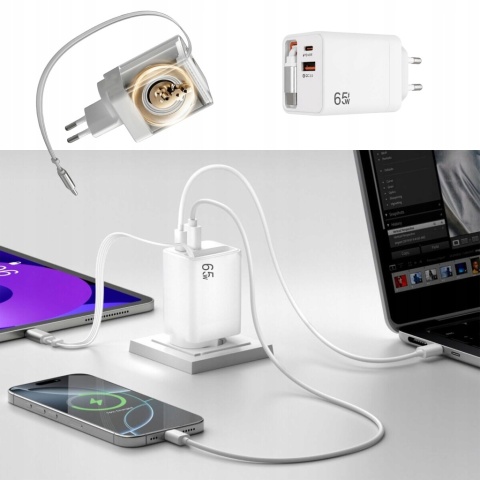 ŁADOWARKA USB C 65W GaN ZWIJANY KABEL DO TELEFONU KOSTKA SIECIOWA QC