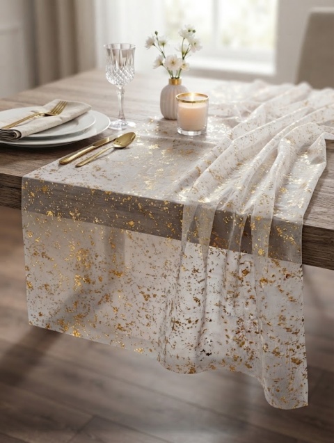 Organza Dekoracyjna na Stół bieżnik – Złote Drobiny (70x200 cm)