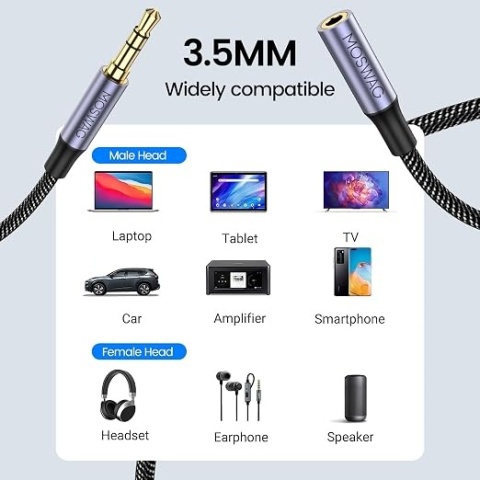 Przedłużacz Audio Jack 3.5 mm MOSWAG (Męski / Żeński) – Wytrzymały Kabel AUX