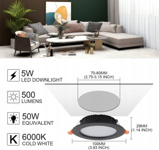 10x Oprawa Wpuszczana LED Downlight Spot 5W IP44 Czarna (Ciepła Biel 3000K)