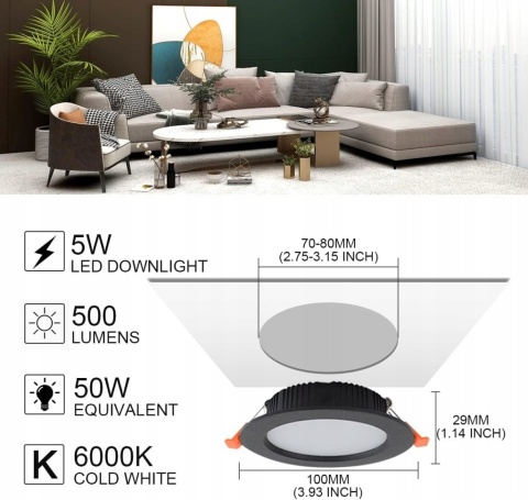 10x Oprawa Wpuszczana LED Downlight Spot 5W IP44 Czarna (Ciepła Biel 3000K)