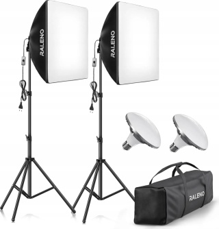 2 x Zestaw Oświetleniowy Softbox Raleno 50x50 cm z Żarówkami LED i Statywami + pokrowiec
