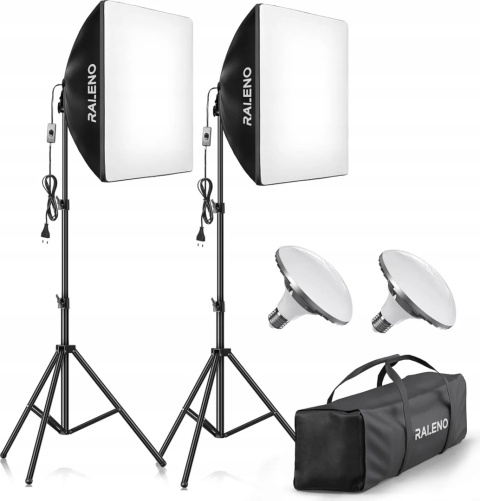 2 x Zestaw Oświetleniowy Softbox Raleno 50x50 cm z Żarówkami LED i Statywami + pokrowiec