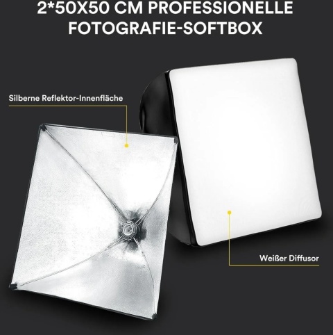 2 x Zestaw Oświetleniowy Softbox Raleno 50x50 cm z Żarówkami LED i Statywami + pokrowiec