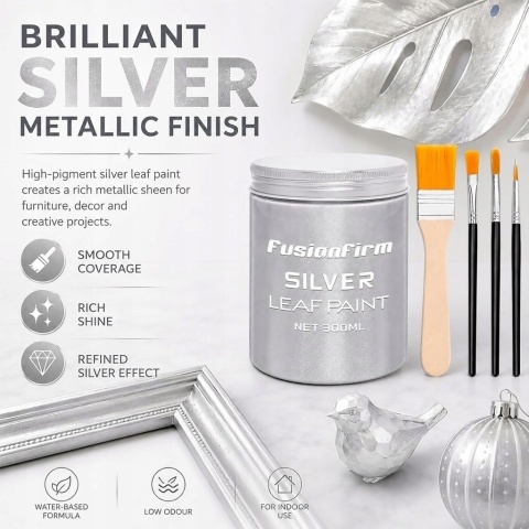 Farba akrylowa srebrna metal. 300 ml nieblakająca + pędzelki DIY, rękodzieło