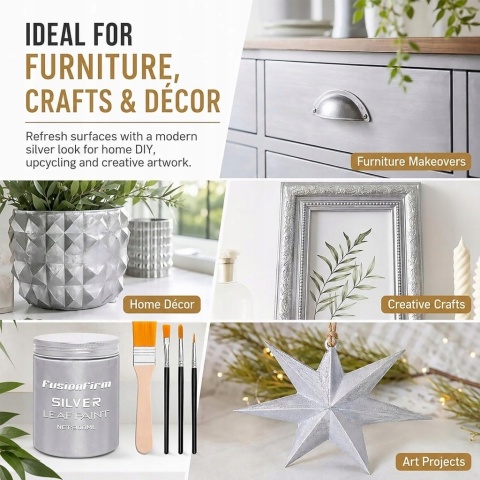 Farba akrylowa srebrna metal. 300 ml nieblakająca + pędzelki DIY, rękodzieło