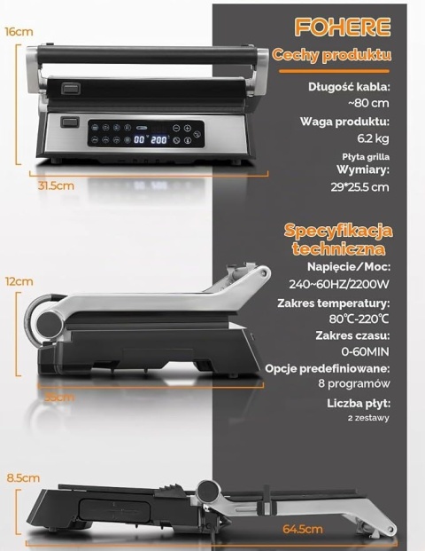 Grill Elektryczny i Gofrownica 2w1 FOHERE AK-D081-1 2200W z Sondą Temperatury