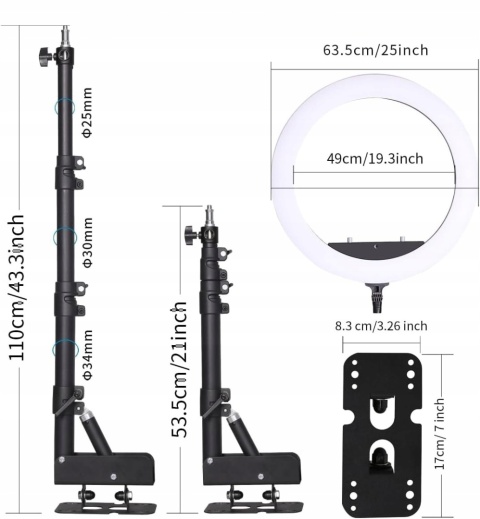 25" Lampa pierścieniowa Ring Light z regulowanym uchwytem ściennym 110 cm