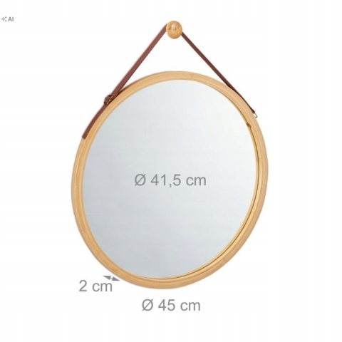 Okrągłe Lustro Wiszące 45 cm w Bambusowej Ramie z Paskiem Regulowanym Relaxdays